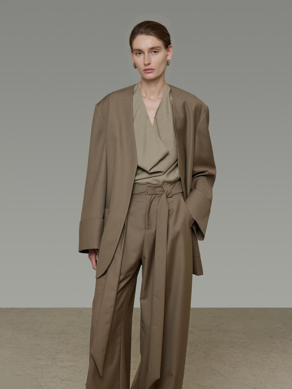 unspoken Minimal Slim Tailored Blazer High Waist Long Pants Women Brown Top & Pants Sets