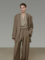 unspoken Minimal Slim Tailored Blazer High Waist Long Pants Women Brown Top & Pants Sets