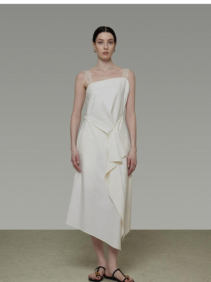 unspoken Cinched Waist Minimalist Asymmetric Spaghetti Strap A Line Midi Maxi Dresses