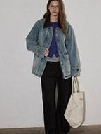 Lofi choose Cotton Colorblock Loose Fit Women Button Midlength Blue Denim Jackets
