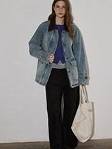 Lofi choose Cotton Colorblock Loose Fit Women Button Midlength Blue Denim Jackets
