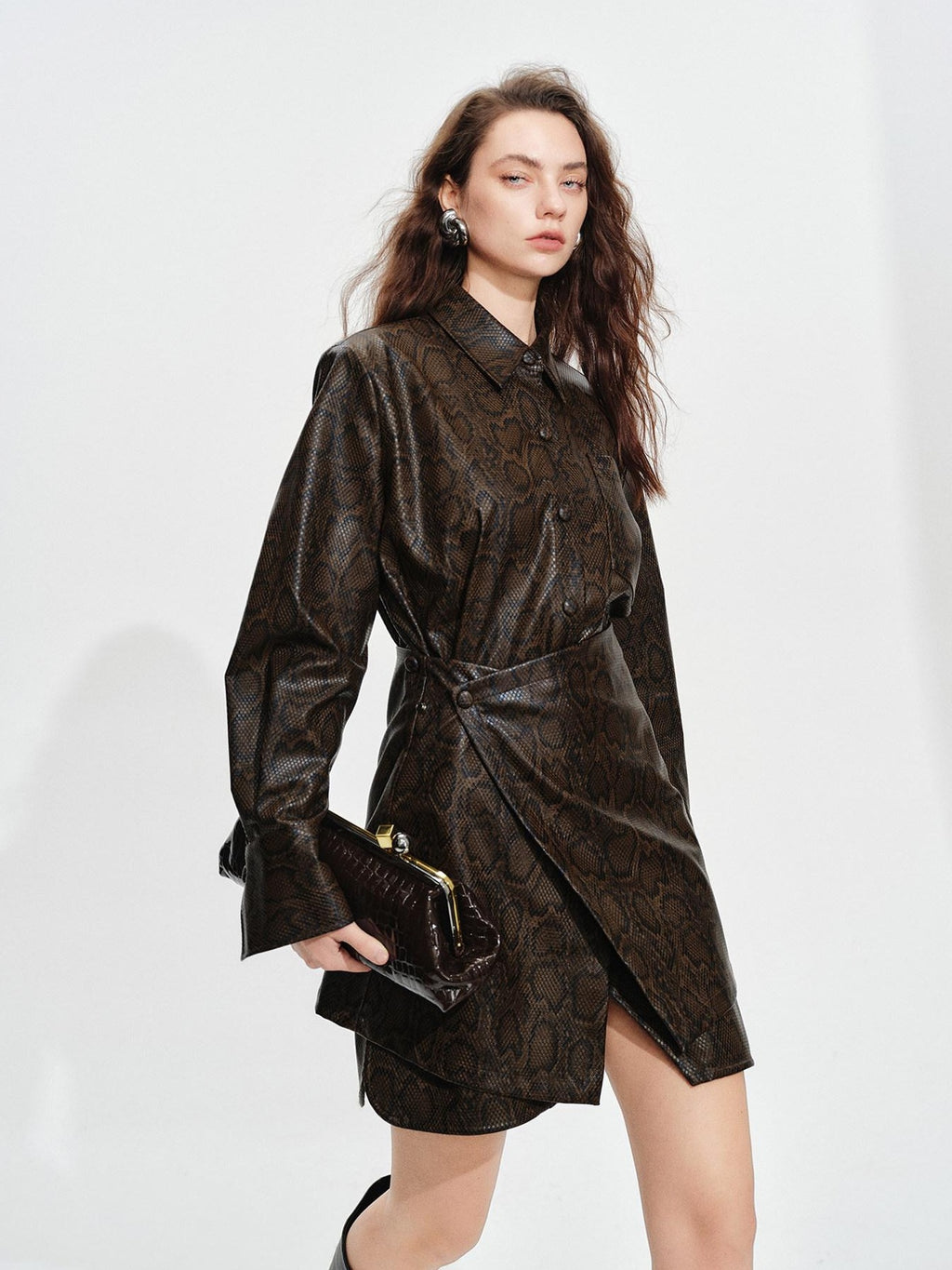 audreyyang Detachable Vintage Snake Print Pu Midlength Relaxed Womens Lapel Leather Jackets