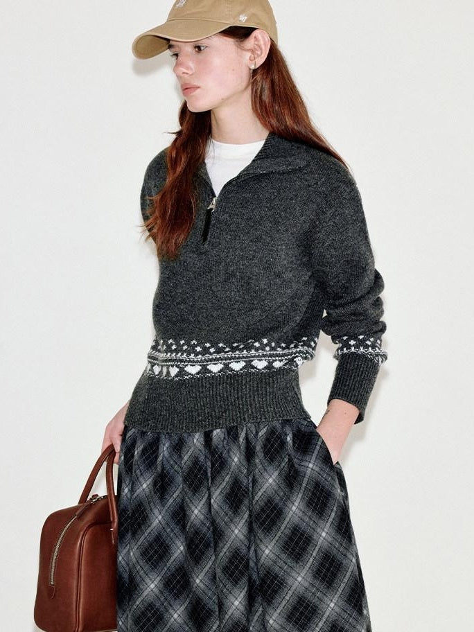 fano Wool Blend Half Zip Turtleneck Loose Fit Commuter Women Deep Gray Sweaters