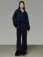 unspoken Breathable Soft Cotton Minimal Mid Rise Drawstring Navy Women Wide Leg Pants
