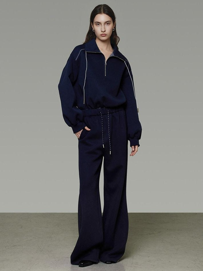 unspoken Breathable Soft Cotton Minimal Mid Rise Drawstring Navy Women Wide Leg Pants