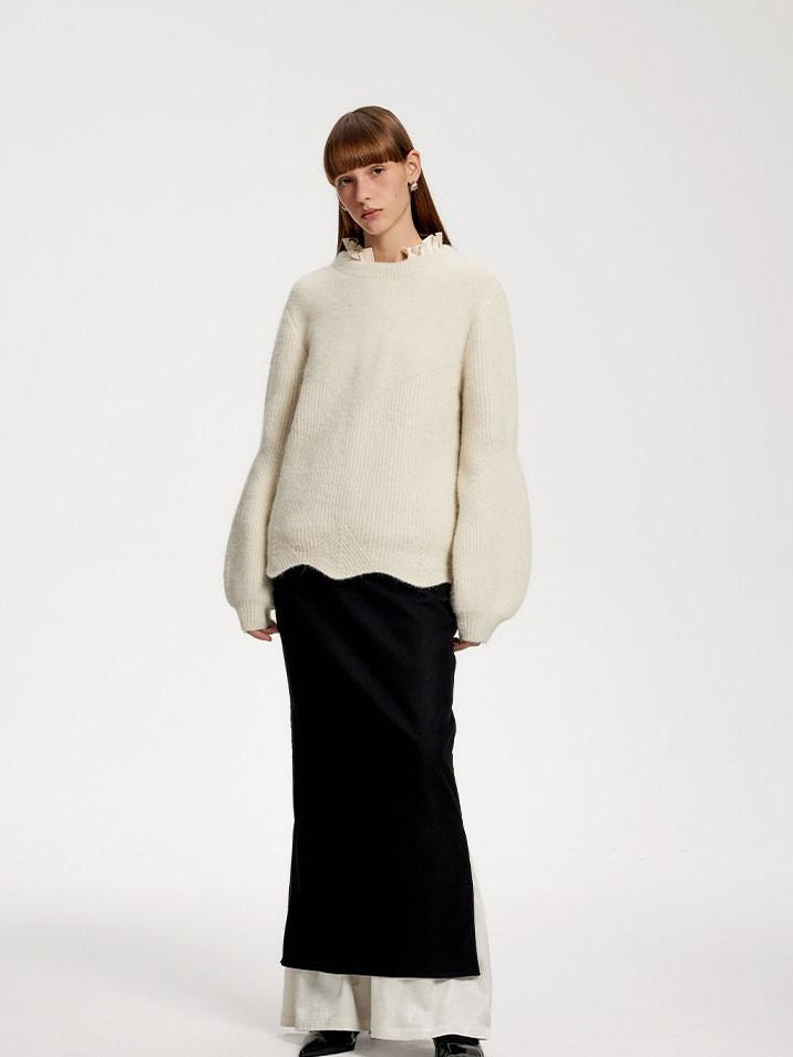 someone sometimes Recycled Viscose Wool Blend Commuter Crew Neck Pullover Cream Sweaters