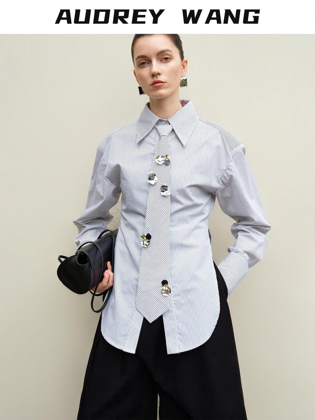 audreyyang Original Design Relaxed Tie Neck Collared Tencel Cotton Striped Blouses