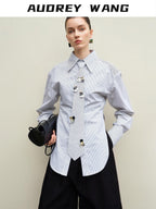 audreyyang Original Design Relaxed Tie Neck Collared Tencel Cotton Striped Blouses