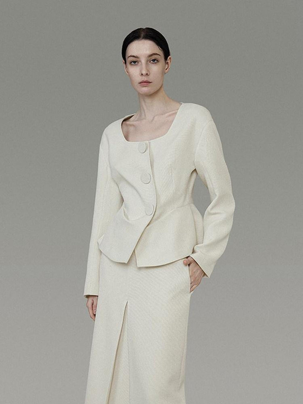 unspoken Slim Office Button Front Long Sleeve Cream Polyester Women Top & Skirt Sets