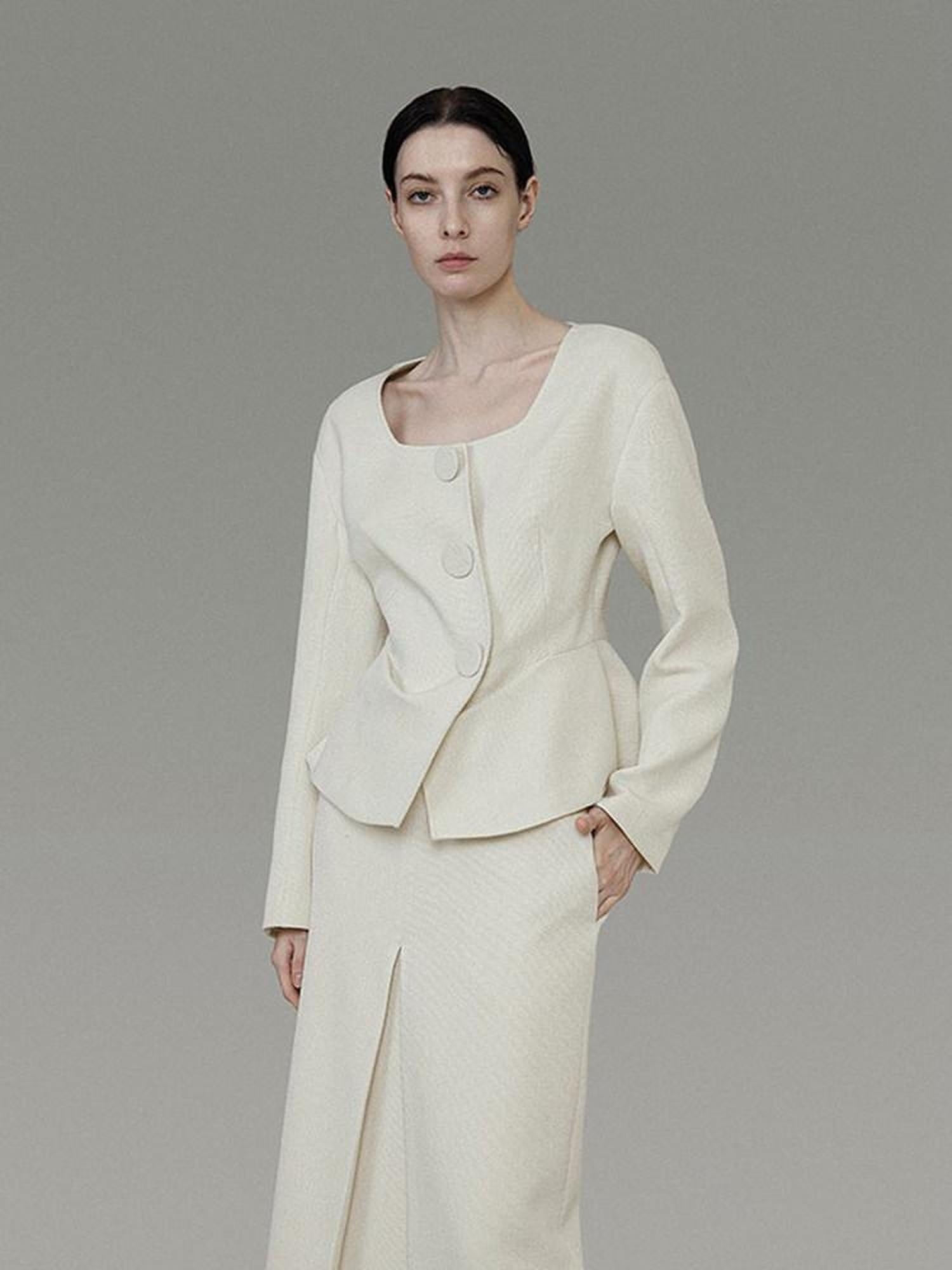 unspoken Slim Office Button Front Long Sleeve Cream Polyester Women Top & Skirt Sets