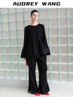 audreyyang Minimalist Office Loose Pleated Bell Sleeve Round Neck Black Blouses