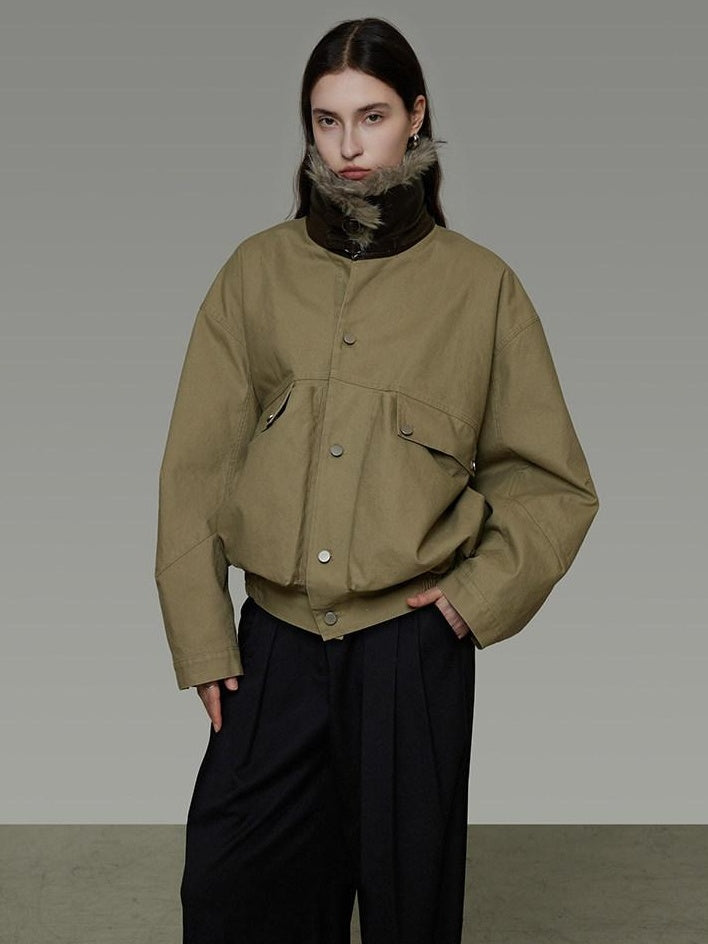 unspoken Thick Fleece Lined Fur Collar Loose Minimal Commuter Women Sage Puffer Jackets