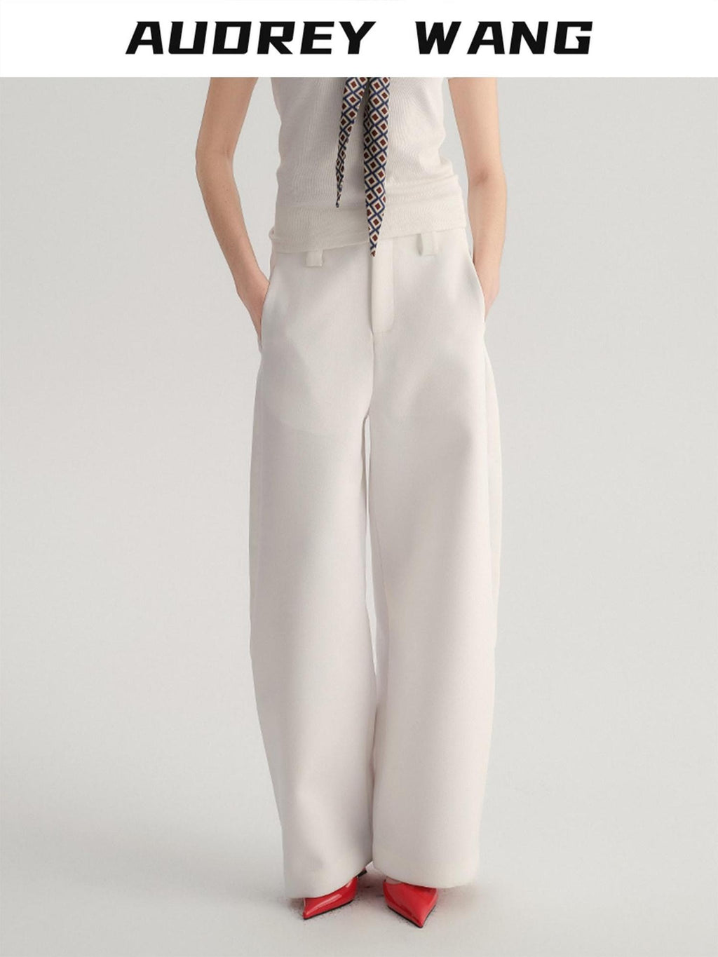 audreyyang Smart Office Natural Waist Zip Fly Polyester Blend Black White Straight Pants