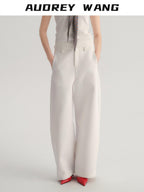 audreyyang Smart Office Natural Waist Zip Fly Polyester Blend Black White Straight Pants