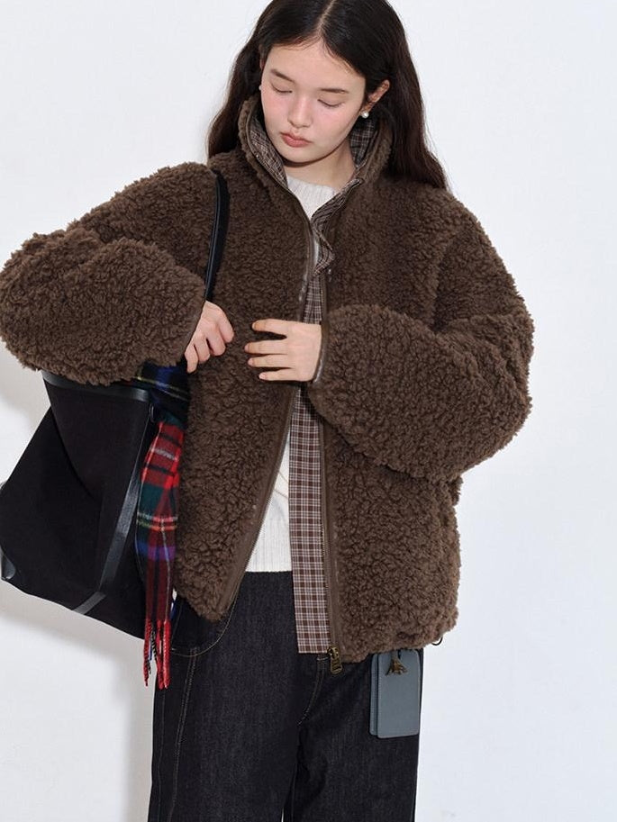 fano Warm Lambswool Plaid Stand Collar Zip Loose Fit Casual Women Brown Short Coat