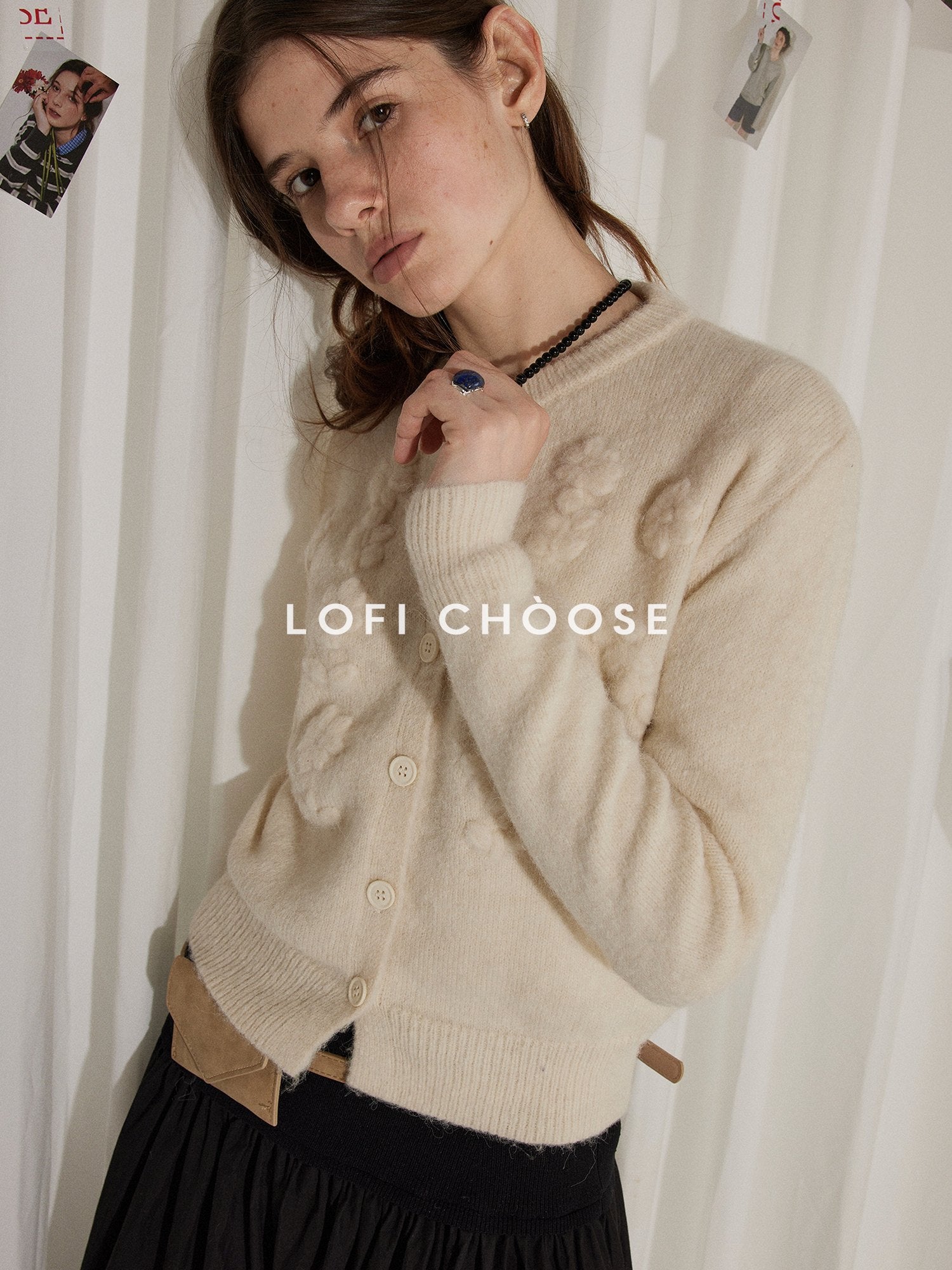 Lofi choose Soft Pearl White Floral Knit Casual Relaxed Button Front Round Neck Women Cardigans