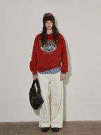 Lofi choose Cozy Thick Oversized Pullover Crewneck Cartoon Anime Print Vintage Red Sweatshirt