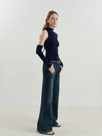someonesometimes Vintage Washed Low Rise Distressed Denim Stretch Women Deep Indigo Flared Jeans