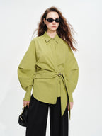 audreyyang Shape Retaining Casual Relaxed Tie Drop Shoulder Women Cotton Blend Shirts