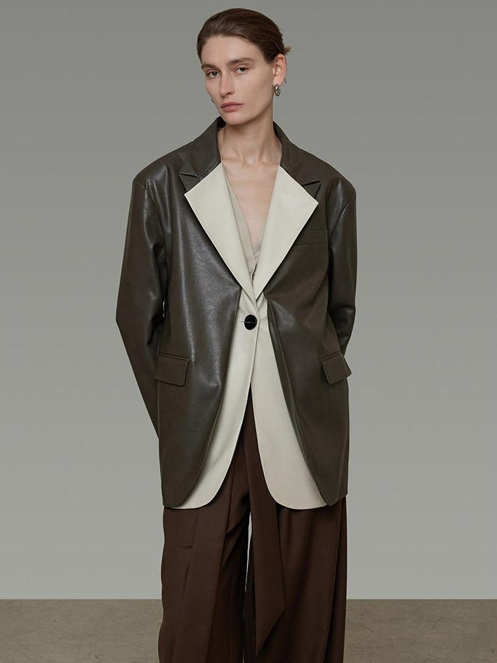 unspoken Soft Viscose Blazer Collar Relaxed Fit Commuter Women Brown Leather Jackets