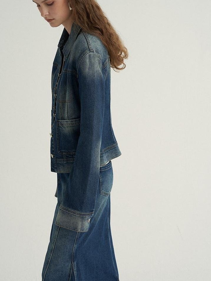 someone sometimes High Cotton Denim Blue Long Sleeve Collared Buttoned Women Top & Skirt Sets