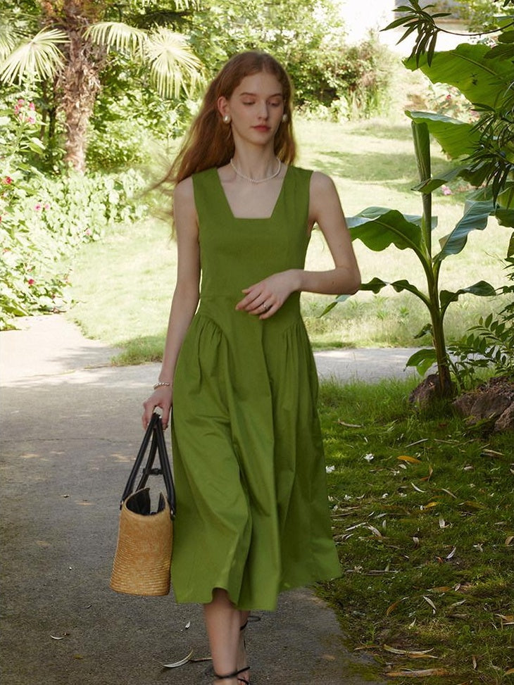 fano Cotton High Waist Pleated Minimal A Line Square Neck Women Maxi Dresses