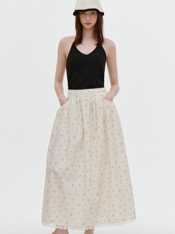 fano Lined 100% Cotton Soft Plaid A Line Mid Waist Loose Fit Korean Maxi Skirts