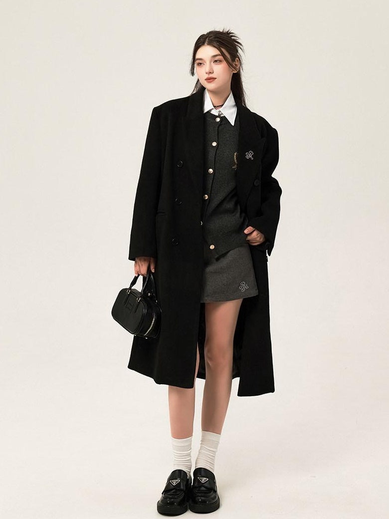 ikyou Wool Blend Double Breasted Straight Mid Length Office Tailored Black Long Coats