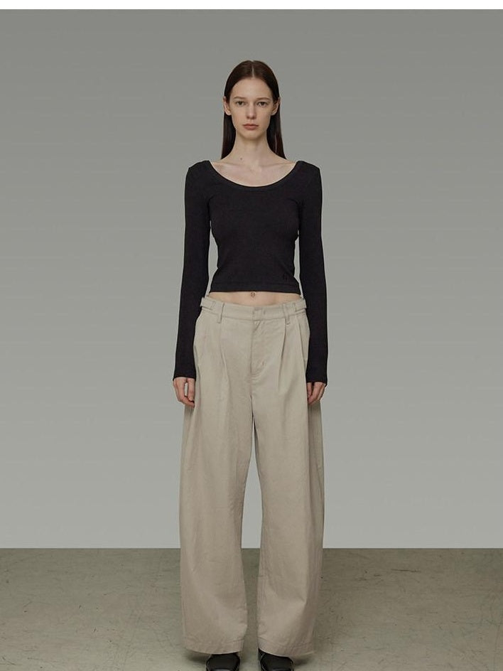 unspoken Pleated Natural Waist Minimalist Loose Women Khaki Zipper Wide Leg Pants