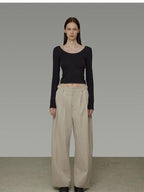 unspoken Pleated Natural Waist Minimalist Loose Women Khaki Zipper Wide Leg Pants