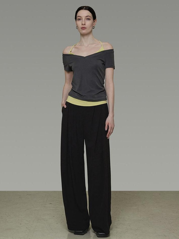 unspoken Moisture Wicking Lyocell Slim V-neck Patchwork Grey Green Halter Crop Tops