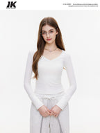 ikyou Breathable V-neck Slim White Pullover Women Cropped Long Sleeve Crop Tops