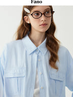 fano Breathable Lyocell Korean Oversized Collared Long Sleeve Women Blue Shirts
