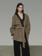 unspoken Minimal Patchwork Loose Fit V-neck Tie Closure Women Commuter Wool Coats