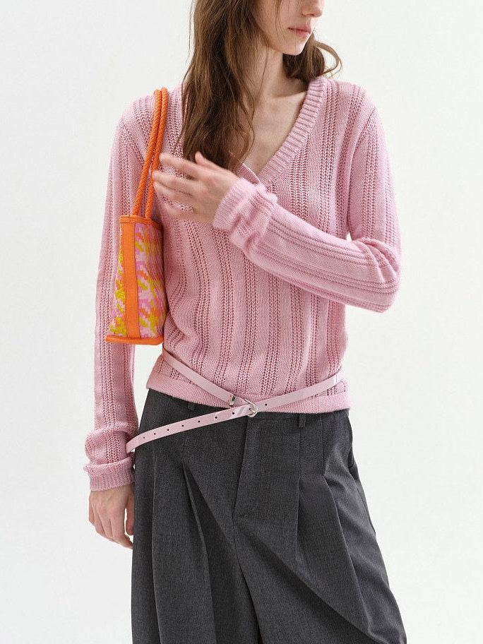 fano Soft Bubblegum Pink Slim Korean V-neck Long Sleeve Women Acrylic Sweaters