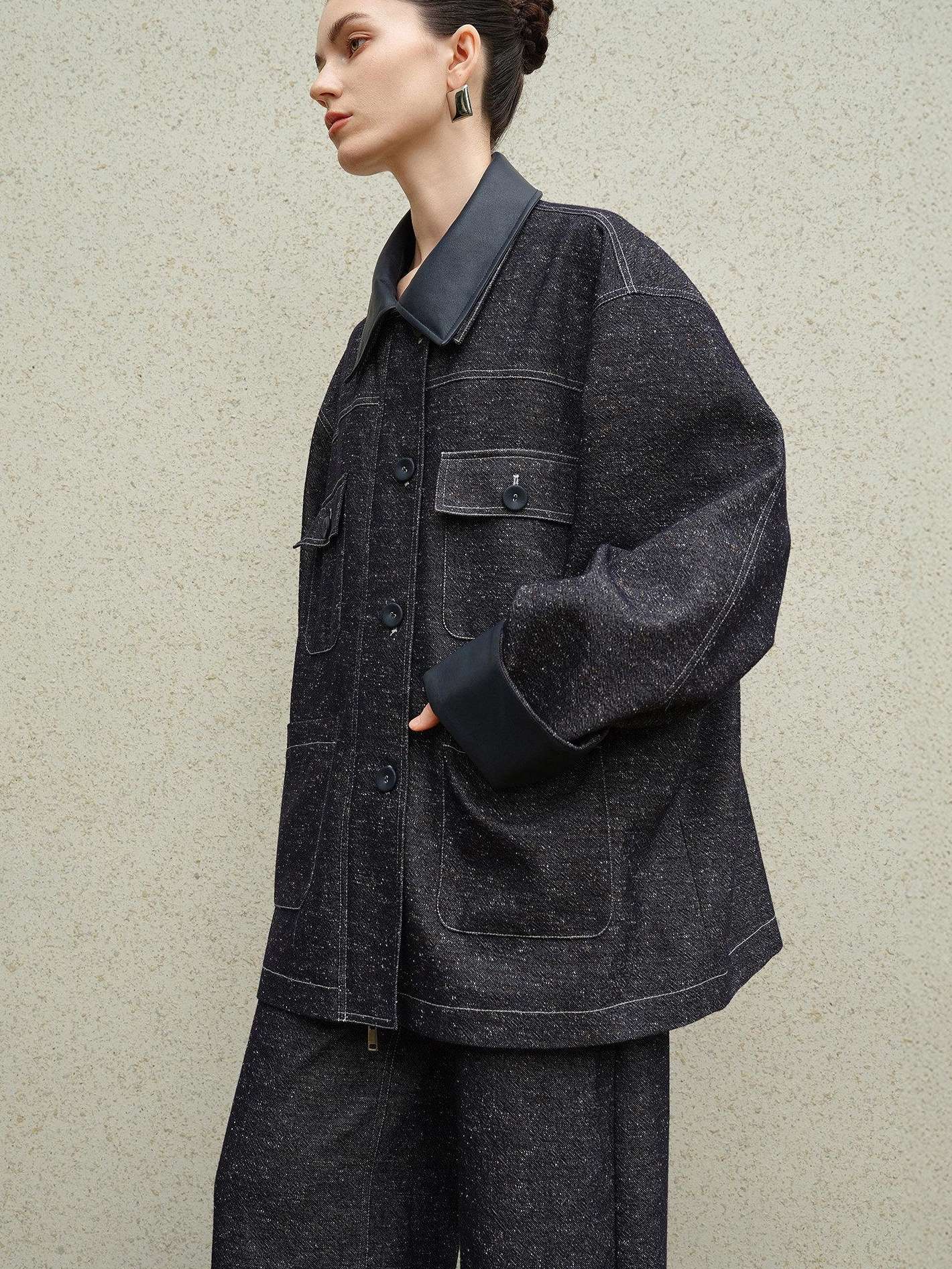 audreyyang Original Design Loose Patchwork Topstitch Cotton Blend Women Denim Jackets