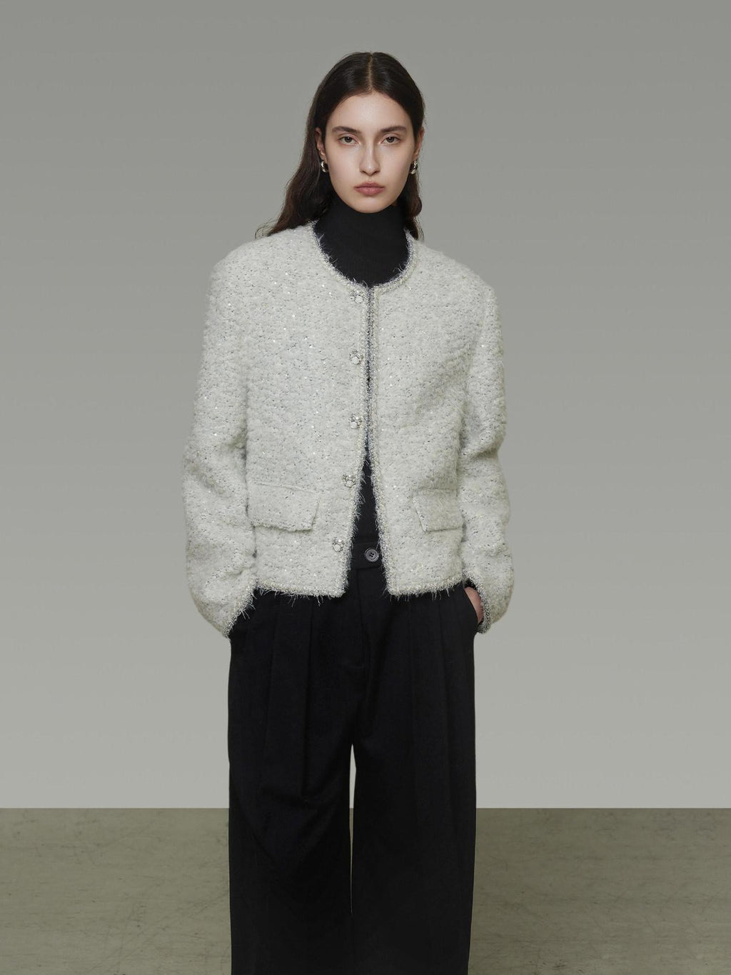 unspoken Lambswool Minimal Commuter Loose Single Button Round Neck Women Cropped Jackets