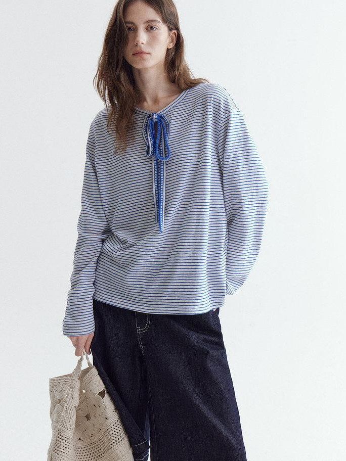 fano Space Cotton Blue White Fine Stripe Office Women Long Sleeve T-Shirts