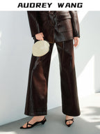 audreyyang Pu Faux Leather Casual Natural Waist Zip Fly Women Straight Pants