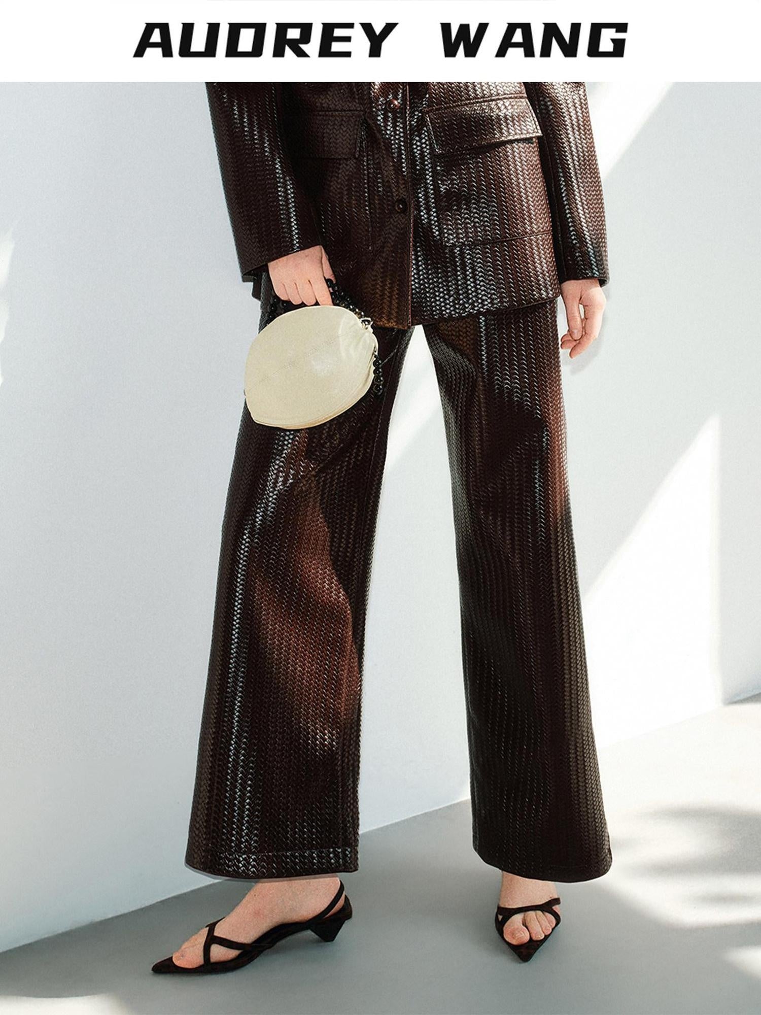 audreyyang Pu Faux Leather Casual Natural Waist Zip Fly Women Straight Pants
