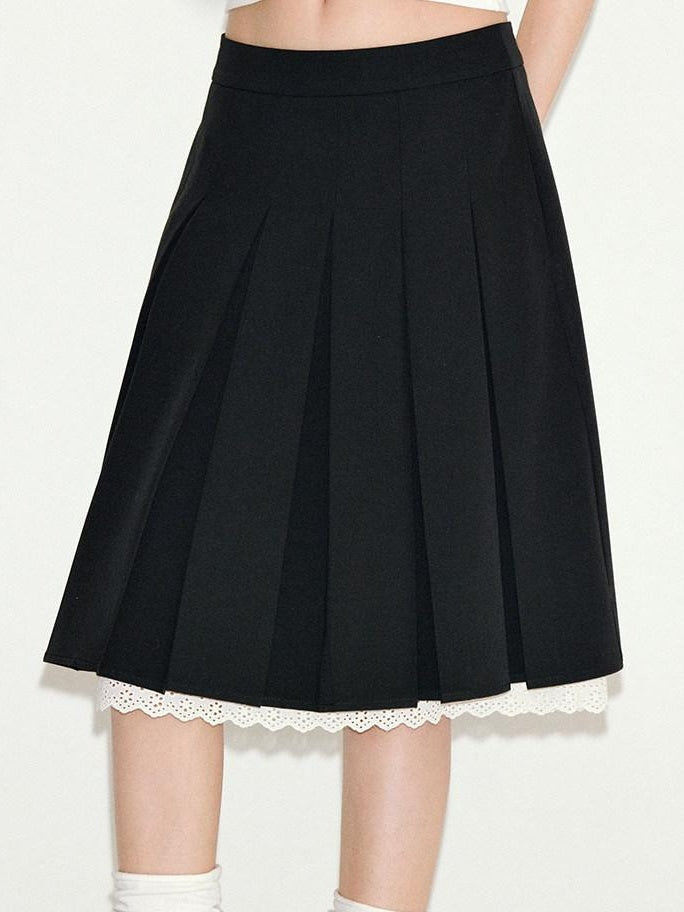 fano Sweet Lace Pleated Mid Waist Paneled Casual Women Black Midi Skirts