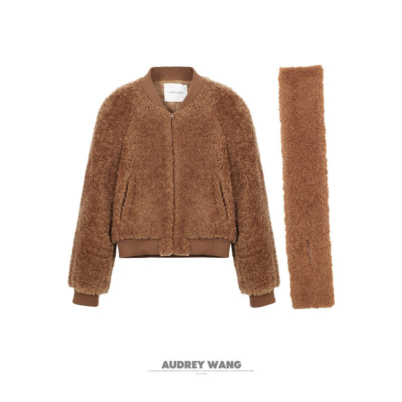 audreyyang_Lambswool_Trim_Stand_Collar_Straight_Short_Zip_Women_Casual_Bomber_Jackets_MISSTT