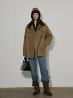 Lofi choose Warm Insulated Oversized Commuter Stand Collar Sand Brown Zip Puffer Jackets