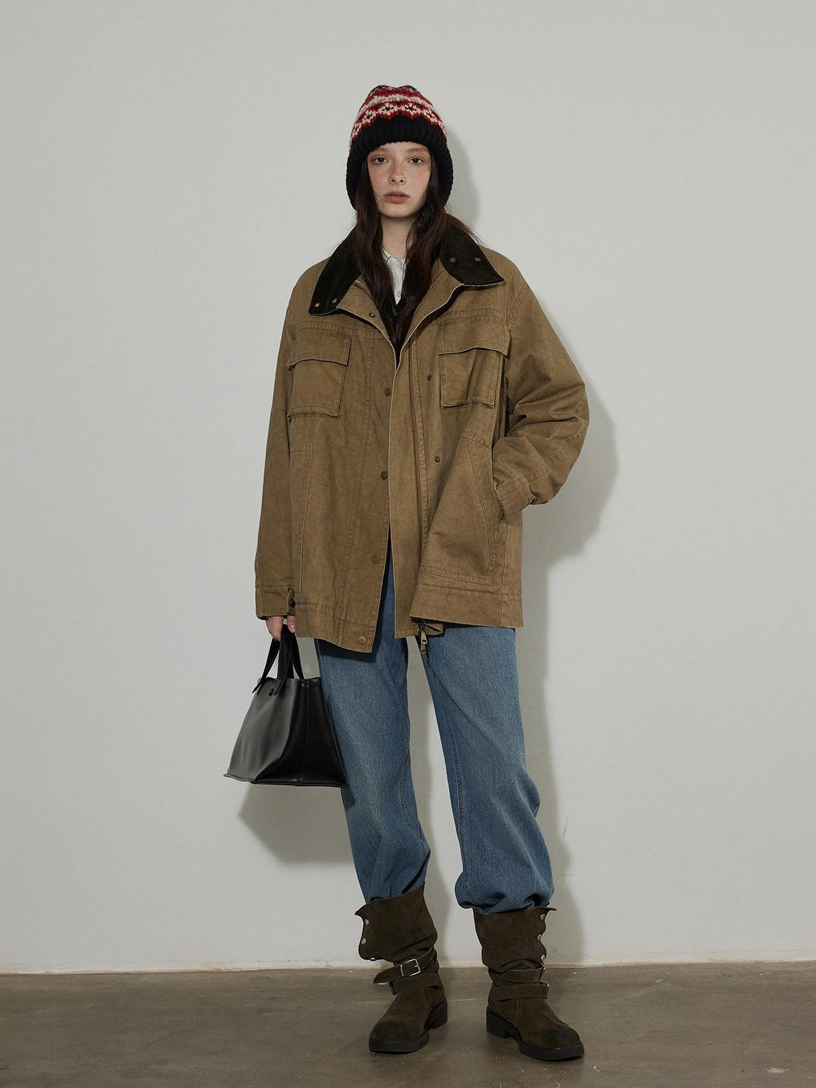 Lofi choose Warm Insulated Oversized Commuter Stand Collar Sand Brown Zip Puffer Jackets