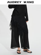 audreyyang Soft Viscose Blend Natural Waist Casual Flowy Women Black White Wide Leg Pants