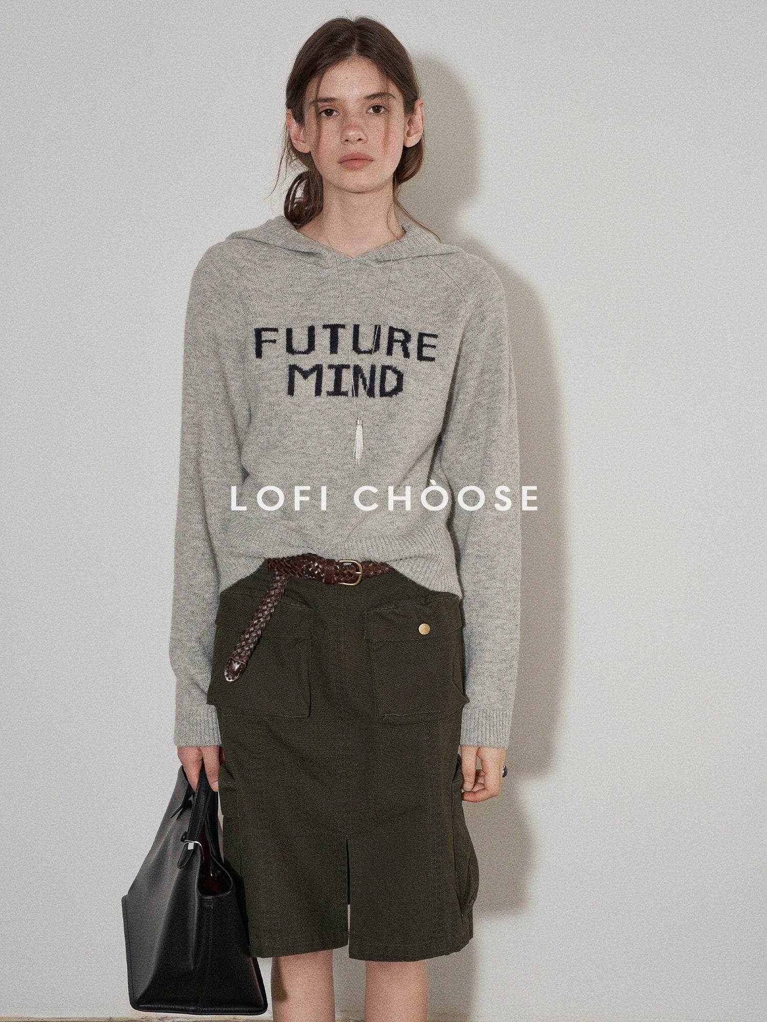 Lofi choose High Waist Cotton Slit H Line Loose Office Women Seaweed Green Midi Skirts