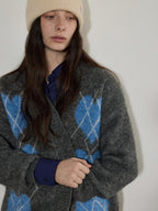 Lofi choose Cozy Wool Blend V-neck Button Front Relaxed Fit Heart Pattern Gray Cardigans