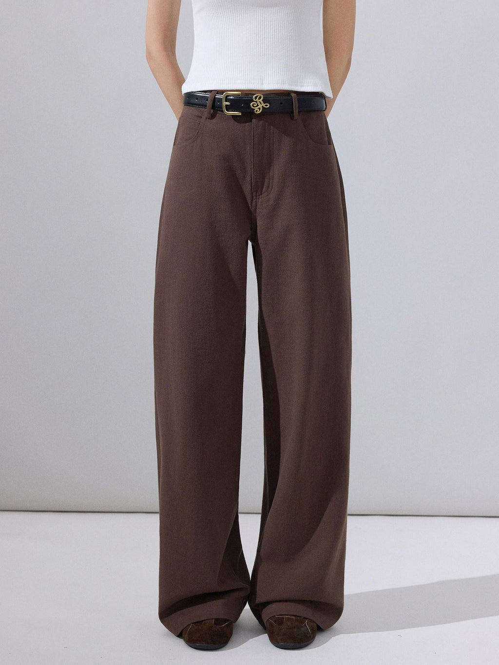 ikyou Stain Resistant Cotton Embroidered Natural Waist Brown Rigid Wide Leg Jeans