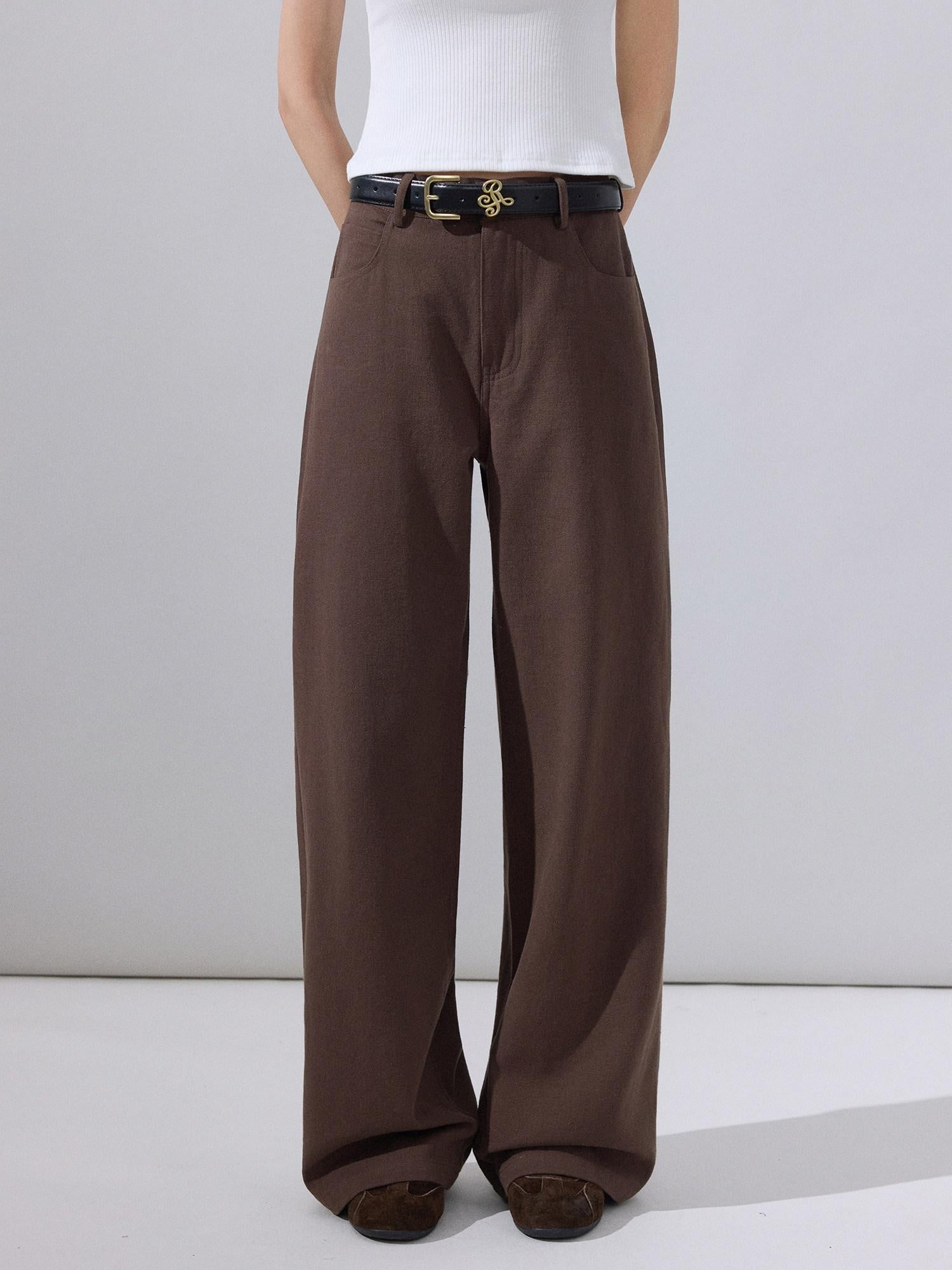 ikyou Stain Resistant Cotton Embroidered Natural Waist Brown Rigid Wide Leg Jeans