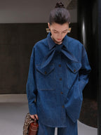 audreyyang Vintage Bow Loose Fit Cotton Lapel Patch Pocket Casual Women Denim Jackets